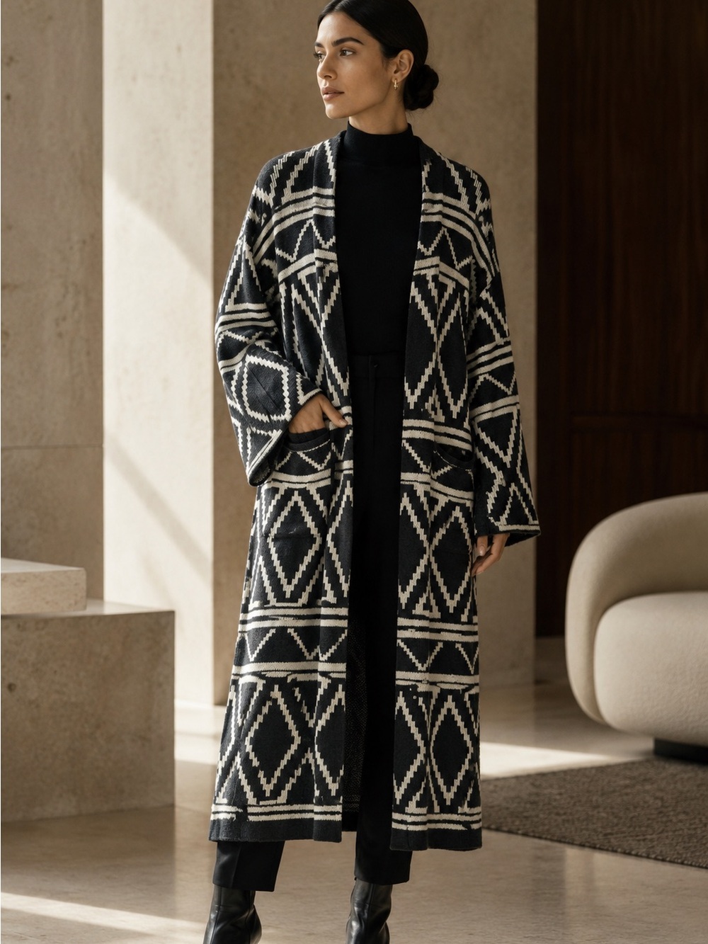 ELAN Aztec Long Belted Duster Cardigan Charcoal Ivory Size Small NWT